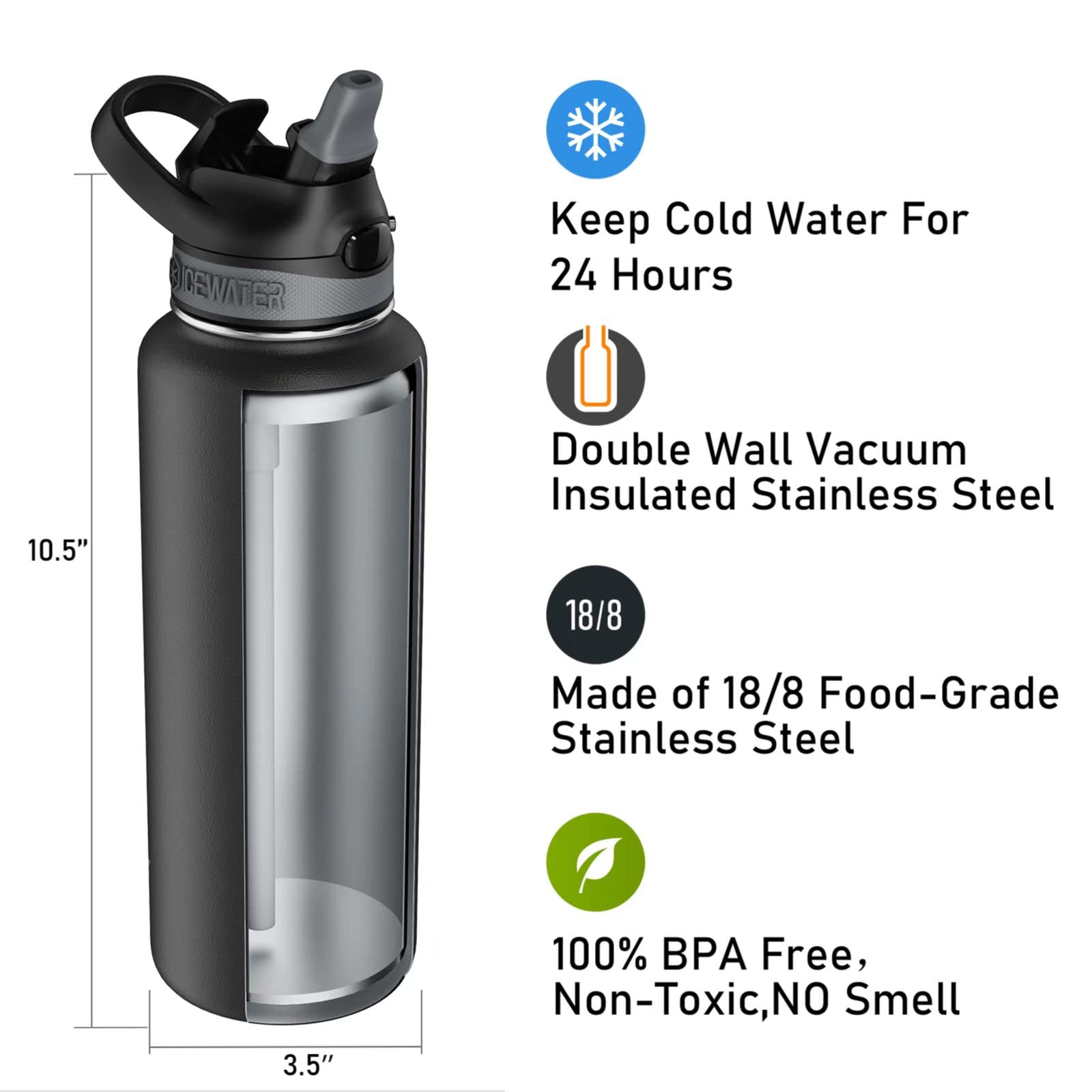 ICEWATER-40 Oz Stainless Steel Water Bottle With Soft Auto Straw & Wide Mouth Lids, Double Walled Vacuum, Mouthpiece DustProof, Lock Feature, Pop-up Tops, One-handed Operation (40 Oz, Black)