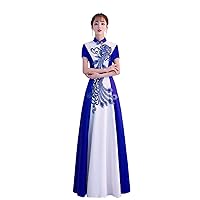 Chinese Style Royal Blue Women's Birthday Party Collar Floral Long Cheongsam Dress Retro Gown Qipao