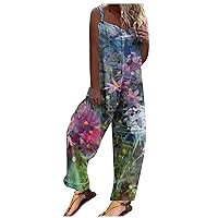 Jumpsuit for Women Fashion Summer Sweet Loose Casual Print Sleeveless Square NeckRetro Strappy Jumpsuit