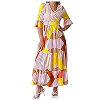Women Summer Maxi Dresses Casual Half Puff Sleeve Ruffles Floral Dress Pleated Dress A-Line Flowy Swing Party Long Dress