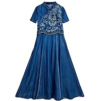 Vintage Women Long Mid-Calf Summer Denim Short Sleeve Embroidery Dress Chinese Style