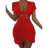 HOTOUCH 2023 Women's Bodycon Dress Short Sleeve Tied Cut Out Ruched Mini Club Party Summer Dresses XS-XXL