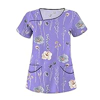 Women's Casual Floral Print Short Sleeve Sloping Collar Workwear Top with Double Pockets