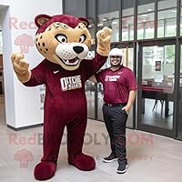 Maroon Jaguar mascot costume character dressed with a Henley Shirt and Watches
