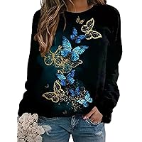 Fronage Women's Butterfly Graphic Long Sleeve Tops Crewneck Casual Sweatshirt Vintage Landscape Print Sweater Pullover Black, M