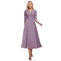 BANTRATIC Tea Length Mother of The Bride Dresses for Wedding Chiffon Lace Applique Long Sleeve Formal Evening Gowns