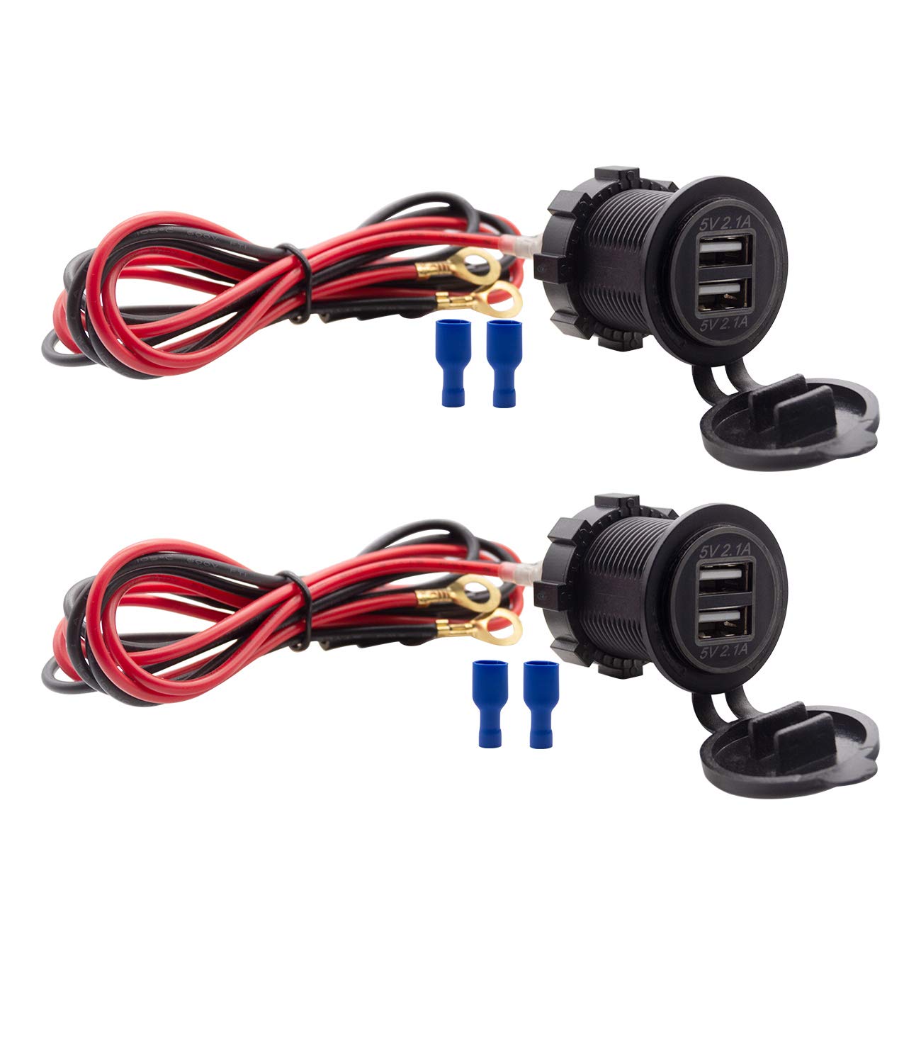 Dual USB Charger Socket Waterproof Power Outlet 12V/24V 2.1A & 2.1A for Car Boat Marine RV Mobile Blue LED
