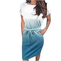 Women Gradient Bowknot Waist-Defined Pencil Dresses Short Sleeve Crewneck Casual Fashion Summer Slim Sheath Dress