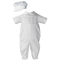 Cotton Sateen Short Sleeve Christening Baptism Coverall with Pleated Front and Hat