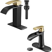 Black and Gold Bathroom Faucet 1 Hole or 4 Ins 3 Hole, Brass Bathroom Faucet Waterfall 1 Handle Bathroom Faucets for Sink with Deck Plate Supply Hose & Drain