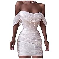 Women's Sexy V Neck Off The Shoulder Evening Bodycon Sequin Midi Dress for Wedding Club and Cockytail