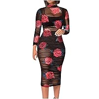 tuduoms Women's Long Sleeve Bodycon Dress - Sexy Semi Sheer Mesh Cover Up Ruched Dress with Tanks Shorts 3 Piece Club Outfits