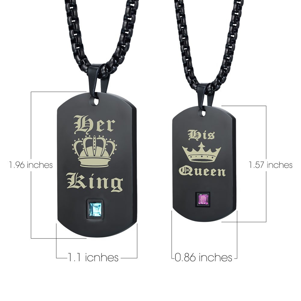 Wolentty King and Queen Couples Necklaces Stainless Steel Dog Tags Chain His & Hers Matching Jewelry Gifts for Boyfriend