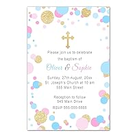 30 Invitations Twins Baptism Confetti Pink Blue Gold Personalized Cards + 30 White Envelopes