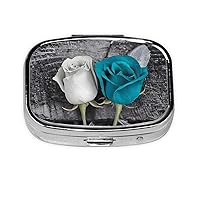 Teal Gray Rose Print Pill Box Square Pill Case 2 Compartment Small Metal Medicine Organizer Portable Travel Pillbox for Pocket Purse Cute Mini Pill Container to Hold Daily Vitamins