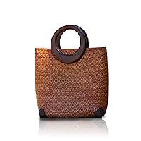 Hand-woven Womens Straw Large Boho Handbag Bag for Women, Summer Beach Rattan Tote Travel Bag with Wood Round Top Handle