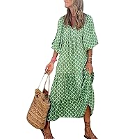 Half Sleeve Boho Geometric Pattern Maxi Long Flowy Dress for Women Summer V Neck Tiered Sundress XL