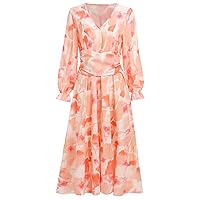 IMEKIS Causal Boho Dress for Women Long Sleeve V Neck Floral Printed Fall Maxi Dress Wedding Guest Formal Party Flowy Dresses