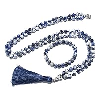 8mm Natural Flower Blue Sodalite Beaded Knotted Mala Necklace 108 Meditation Yoga Spirit Jewelry Men and Women Rosary (Set)