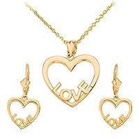 14 ct Yellow Gold Love Heart Necklace Earring Set