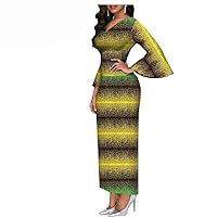 Women`s African Dresses Dashiki Outfits Print Bodycon Long Maxi Dress V Neck Flare Sleeve Party