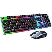 Mechanical Gaming Keyboard and Mouse Set , Rainbow LED, USB Wired Desktop Combo (Black)