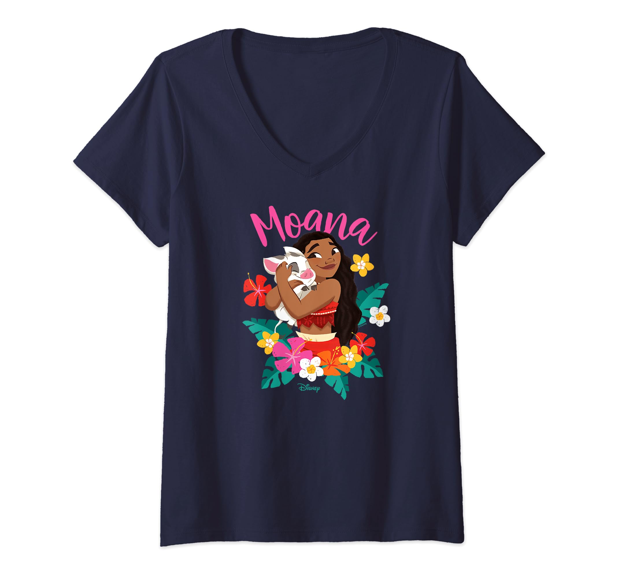 Womens Moana - Floral Script V-Neck T-Shirt