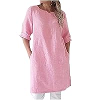 Women Summer 3/4 Sleeve Cotton Linen Casual Work Dress Casual Loose Plain Crewneck Tunic Shirt Dress with Pockets