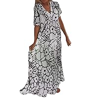 Women Casual Short Sleeve Print V Neck Maxi Loose Dress Boho Beach Long Sundress Long Sleeve Summer Dresses
