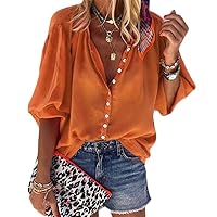 Generic Andongnywell Women's Long Sleeve V Neck Chiffon Blouses Tops Button Down Slim Shirts Tunics Ladies (Orange,XX-Large)