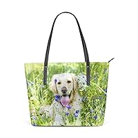 Women Tote Handbag Golden Retriever Dog and Flower PU Leather Top-Handle Shoulder Bag