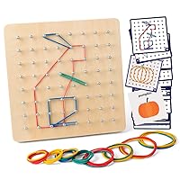 Wooden Geoboard Mathematical Manipulative Material Array Block Geo Board – Graphical Educational Toys with 30Pcs Pattern Cards and Latex Bands Shape STEM Puzzle Matrix 8x8 Brain Teaser for Kid