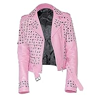 Women's Vegan Billie Fashion Gothic Punk Belt Studded Perfectly Shaping Pink Leather Biker Jacket