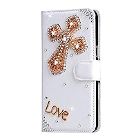 Crystal Wallet Phone Case Compatible with Samsung Galaxy S22 - Cross - White - 3D Handmade Sparkly Glitter Bling Leather Cover with Screen Protector & Beaded Phone Lanyard