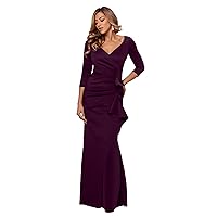 Xscape Women's Long 3/4 Sleeve V-Neck Side Ruched Gown (Reg and Petite)