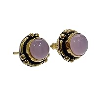 Rose Chalcedony 8 MM Round Cabochon Studs In Vintage Gold Plated Brass Handmade Stud Earrings Jewelry For Her
