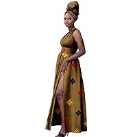 African Dresses for Women, Crewneck, Sleeveless, Floor-Length, Cotton High Slit Dress with Turban Headwrap
