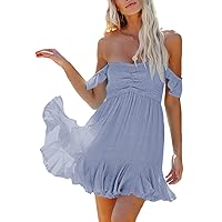 Fixmatti Women Summer Smock Tube Top Dress Off Shoulder Ruffles A-Line Flowy Dresses