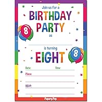 Papery Pop 8th Birthday Party Invitations with Envelopes (15 Count) - 8 Year Old Kids Birthday Invitations for Boys or Girls - Rainbow