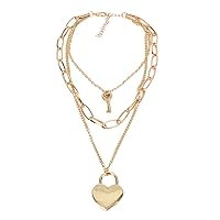 USHOBE Chunky Gold Necklace Valentines Day Necklace Fashion Love Heart Pendant Chocker Necklace Delicate Women Necklace Cute Necklace Layered Lock Key Pendant Chain Necklace Chic 18k