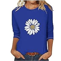 3/4 Sleeve Tops for Women Summer Cute Sunflower Print Tshirt Dressy Casual Crewneck Blouses Plus Size Aesthetic Cotton Tees