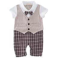Baby Boy Tuxedo Rompers Set Bowknot Vest Plaid Gentleman Jumpsuits