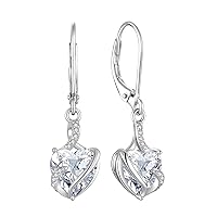 FJ Heart Birthstone Earrings for Women 925 Sterling Silver Leverback Dangle Drop Earrings Jewellery Gifts for Women Girls