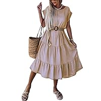 utcoco Summer Dresses for Women 2024 Casual Loose Fit Crewneck Short Sleeve Ruffle Hem Midi Dress with Belt