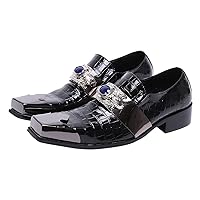 Mens Dress Loafers Metal-Strapped Genuine Leather Sapphire Decor Hard Square Tip Business Evening Party Wedding Shoes