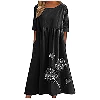 Women's Cotton Linen Ruched Tshirt Dress Dandelion Print Casual Plus Size Midi Dresses Beach Flowy Dress with Pocket