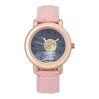 Full Moon and Sea Women's PU Leather Strap Watch Fashion Wristwatches Dress Watch for Home Work