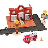 Mattel Disney Pixar Cars On The Road Toys, Red’s Fire Station Playset with Die-cast Fire Truck & Kid-Activated Action