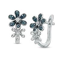 1/6 CT. Round Cut Blue & Clear D/VVS1 Diamond Flower Hoop Earrings For Womens & Girls In 925 Sterling Silver