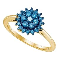 The Diamond Deal 10kt Yellow Gold Womens Round Blue Color Enhanced Diamond Flower Cluster Ring 1/2 Cttw